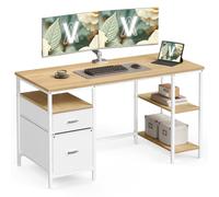 VASAGLE Computer Desk, Work Desk with Storage, 3 Shelves, 2 Drawers, 60 x 140 x 76 cm, for Home Office, Living Room, Modern Style, Natural Oak and Pearl White LWD104Y01