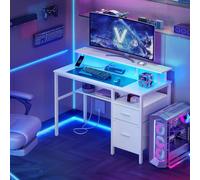 Computer Home Office Desk with Monitor Stand LED Lighting USB Ports VASAGLE White One Size