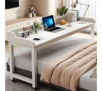 Computer Overbed Table, Queen Size Mobile Bed Desk, Overbed Table with 360° Wheels, Computer Cart, with Baffle Holder for Bedroom, Living Room, Office(White,140cm/55.1in)