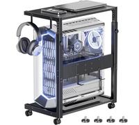 Computer Tower Stand with Wheels, Adjustable Height 23.03"-28.3", 2-Tier PC Tower Stand CPU Holder Cart with Pegboard, 4 Hooks & Lockable Casters, for Gaming Setup and Home Office