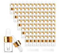 Comrzor 100 Pack 2ml Clear Glass Dropper Bottles with 4 Pcs Plastic Droppers, Mini Sample Dropper Bottles for Essential Oils Perfume Cosmetic Liquid, Empty Travel Sample Vials with Gold Cap