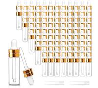 Comrzor 100 Pack 5ml Clear Glass Dropper Bottles with 4 Pcs Plastic Droppers, Mini Sample Dropper Bottles for Essential Oils Perfume Cosmetic Liquid, Empty Travel Sample Vials with Gold Cap