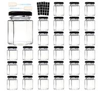 Comrzor 3 OZ Mini Hexagon Glass Jars, 30 Pack Empty Honey Jars Small Spice Jars with Black Lids, Sponge Brushes and 40pcs Labels for Jam, Homemade Projects, Gifts, Wedding Party Favors
