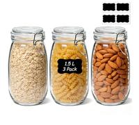 ComSaf 1.5L Round Glass Storage Jars with Clip Top Lids Airtight, 3 Pack