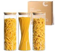 ComSaf 1.9L Glass Spaghetti Pasta Storage Container with Lids Set of 3, Tall Clear Airtight Food Storage Jar with Cover Kitchen Pantry Storage Container for Noodles Flour Cereal Coffee Beans