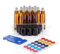 ComSaf 10ml Amber Glass Essential Oil Roller With Stainless Steel Ball, Labels for Travel, Aromatherapy and Facial Body Care - 12pcs