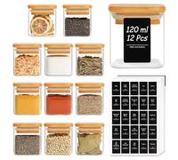 ComSaf 12 Pcs Glass Spice Jars with Bamboo Lids, 120ml Square Glass Storage Jars with Black Lables, Airtight Seasoning Jars with Lids, Small Container for Spice, Salt, Sugar, Seeds, Nuts etc