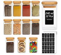 ComSaf 12 Pcs Glass Spice Jars with Bamboo Lids, 240ml Square Seasoning Jars with Black Lables, Airtight Spice Jars with Lids, Glass Storage Container for Spice, Salt, Sugar, Seeds, Nuts etc