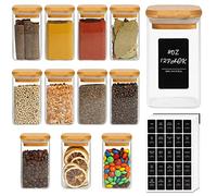 ComSaf 12 Pcs Glass Spice Jars with Bamboo Lids, 8oz/250ml Square Glass Storage Jars with 275 Black Lables, Airtight Spice Jars with Lids, Glass Container for Spice, Salt, Sugar, Seeds, Nuts etc