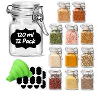 ComSaf 120ml Square Glass Spice Jars with Airtight Lids and Labels, 12 Pack | Mini Clip Top Jars for Seasoning, Herb Storage, Kitchen Storage Containers for Pantry Organisation - Includes Funnel