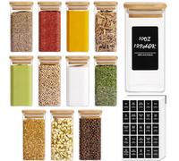 ComSaf 12Pcs Glass Spice Jars with Bamboo Lid, 10oz/300ml Airtight Square Containers with 275 Black Lables, Empty Seasoning Jars for Spice Salt Sugar
