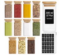 ComSaf 12Pcs Glass Spice Jars with Bamboo Lid and Labels, 300ml Airtight Square Small Glass Containers, Empty Seasoning Jars for Spice Salt Sugar Herb