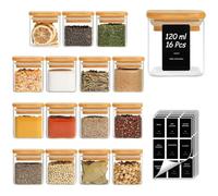 ComSaf 16 Pcs Glass Spice Jars with Bamboo Lids, 120ml Square Seasoning Jars with Black Lables, Airtight Small Spice Jars with Lids and Labels, Glass Container for Spice, Salt, Sugar, Seeds, Nuts etc