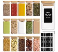 ComSaf 16Pcs Glass Spice Jars with Bamboo Lid, 10oz/300ml Airtight Square Containers with 275 Black Lables, Empty Seasoning Jars for Spice Salt Sugar