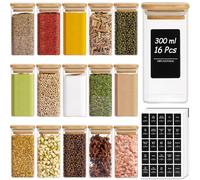ComSaf 16Pcs Glass Spice Jars with Bamboo Lid, 300ml Small Glass Jar with Bamboo Lids, Airtight Square Containers with Black Labels, Empty Seasoning Jars for Spice Salt Sugar