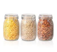 ComSaf 1L Round Glass Jars with Clip Top Lids, Large Mason Jars, 3 Pack | Large Mason Jars for Pickling, Preserving, Round Kitchen Storage Containers for Cereal, Pasta, Dry Food, Pantry Organisation