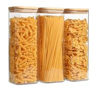 ComSaf 2100ml Glass Spaghetti Storage Jar, Clear Food Storage containers with Bamboo Lid for Pasta Noodles Flour Cereal Rice Sugar Tea Coffee Beans, Set of 3