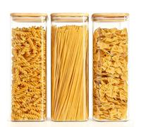 ComSaf 2.1L Glass Spaghetti Storage Jar Set of 3, Clear Square Glass Jars with Bamboo Lids, Airtight Pasta Storage Containers for Noodles Flour Cereal Rice Sugar Tea Coffee Beans