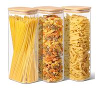 ComSaf 2.1L Rectangle Glass Storage Containers with Lids, Glass Jars with Bamboo Lids, Clear Food Storage Jar, Tall Spaghetti Container, Pantry Storage Container for Pasta Flour Oats Nuts Rice