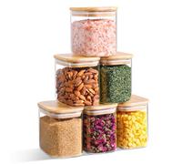 ComSaf 700ml Rectangle Glass Storage Jars with Bamboo Lids for Spice 6 Pack | Glass Food Containers with Bamboo Lids for Pantry Storage, Kitchen Storage Containers for Spices, Tea, Coffee, Sugar, Oats