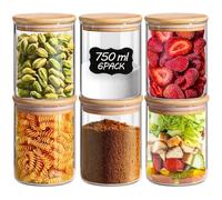 ComSaf 750ml Glass Food Storage Jars Set of 6, Clear Glass Storage Containers with Bamboo Lids, Pantry Organization Jar, Spice, Tea, Coffee and Sugar Container, Small Canister Set for Kitchen