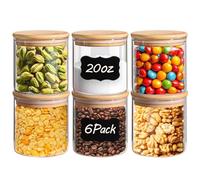 ComSaf Airtight Glass Food Storage Jars Set of 6, 600ml Clear Glass Food Storage Container with Sealing Wooden Lid, Stackable Spice Jar, Round Kitchen Canister for Sugar, Tea, Coffee bean, Pasta