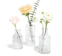 ComSaf Glass Bud Vases Set of 3, Small Flower Vases in Bulk, Mini Ribbed Vases for Centerpieces, Clear Vintage Vases for Table Decorations, Wedding, Party, Receptions, Home Decor (Different Sizes)