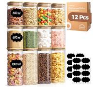 ComSaf Glass Jars with Lids Set of 12, 600ml/1L Glass Food Containers with Lids, Storage Jar with Bamboo Lid, Square Kitchen Storage Containers for Pasta, Spice, Cereal, Flour, Oats, Coffee Beans