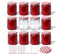 ComSaf Jam Jars with Lids 240ml 12 Pack, Round Glass Jars with Red Gingham Lids, Airtight Preserving Jars for Homemade Jam, Chutney and Pickles, Mason Jars with Labels for Gifting or Daily Storage