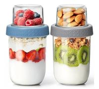 ComSaf Overnight Oats Container 480+120ml 2 Pack Breakfast Pots for Yogurt | Dual-Layer Lids, Dry-Wet Separation Overnight Oats Jar, Yogurt Pots for Meal Prep, Yoghurt， Granola, Cereal, Fruit, Salad