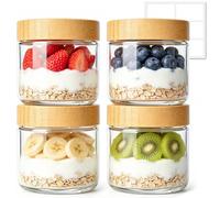 ComSaf Overnight Oats Jar 300ml, 4 Pack Small Glass Jars with Bamboo Lids, Leakproof Overnight Oats Container, Portable Yogurt Pot for Make-Ahead Snacks, Light Breakfast, Fruit, Cereal and Dessert