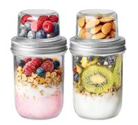 ComSaf Overnight Oats Jar 480+120mL, 2 Pack Glass Overnight Oats Container with Iron Lid, Dual-Layer Yoghurt Pots for Dry-Wet Separation, Breakfast Pots for Yogurt Granola Fruit Cereal Salad to Go