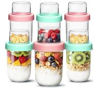 ComSaf Overnight Oats Jar Glass 480+120mL, 6 Pack Overnight Oats Container, Dual-Layer Breakfast Pots for Dry-Wet Separation, Meal Prep Jars for Overnight Oats Salad Granola Fruit Nut Cereal Dessert