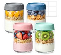 ComSaf Overnight Oats Jars 500ml 4 Pack Glass Jars with Lids for Breakfast | Leakproof Portable Overnight Oats Container, Yogurt Pots for Granola, Cereal, Fruit, Glass Container for Dry food Storage