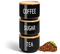 ComSaf Tea Coffee Sugar Canisters, 450mL Glass Black Tea Coffee and Sugar Canisters Set of 3, Stackable Glass Jars with Airtight Bamboo Lids, Lightproof Containers for Home Kitchen Food Storage