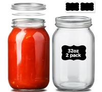 ComSaf Wide Mouth Mason Jars 32 oz with Lids 2 Pcs, Quart Mason Jars with Seal Band, Large Glass Jars, Large Canning Containers for Pickles, Jams, Sauces, Salsa, Sourdough, Salad, Suntea, Food Storage