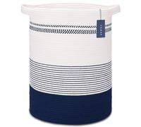 COMSE Extra Large Blanket Basket, Tall Laundry Basket, Nursery Hamper, 40 x 55 CM, Cotton Rope Woven Laundry Hamper for Storage Toys Clothes Towels, Navy Blue & White