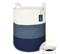 COMSE Extra Large Blanket Basket, Tall Woven Storage Basket, Nursery Hamper, 40 x 55 CM, Cotton Rope Laundry Hamper for Toys Clothes Towels, White/Cadet blue/Navy Blue