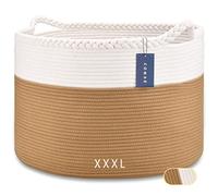COMSE Extra Large Blanket Basket, Woven Laundry Basket, 55 x 35 CM, Nursery Hamper, Cotton Rope Laundry Hamper Living Room for Storage Toys Clothes Towels, White/Camel