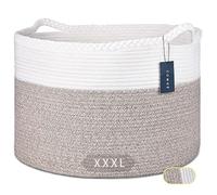 COMSE Extra Large Blanket Basket, Woven Laundry Basket, 55 x 35 CM, Nursery Hamper, Cotton Rope Laundry Hamper Living Room for Storage Toys Clothes Towels, White/Light Brown
