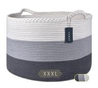 COMSE Extra Large Blanket Basket, Woven Laundry Basket, 55 x 35 CM, Nursery Hamper, Cotton Rope Laundry Hamper Living Room for Storage Toys Clothes Towels, White/Gray