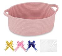 COMSE Small Woven Basket with Gift Bags and Ribbons, Gift Basket Empty, Nursery Organisers Storage for Baby Toy, Cotton Rope, 30.5 x 20 x 13 CM, Dusty Pink