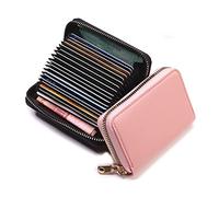 COMSY Credit Card Holder RFID Blocking PU Leather Mini Credit Card Wallet Purse Compact Accordian ID Cards Bag with Zipper for Women Men 18 Card Slots,Pink