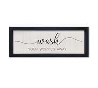comurdyo Wash Your Worries Away Sign Wall Decor 16"×6" Laundry Room Bathroom Wooden Framed Wall Hanging Art (Black)