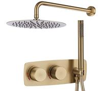 Concealed Brushed Brass Shower Set, Bathroom 12 Inch Rainfall Head Gold Shower Mixer Kit, 2 Functions Wall Mounted Rain Round Handles Large Cover Handheld Valve System