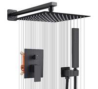 Concealed Shower Set Black, Shower Head and Hose Set 2 Ways, Rainfall Shower System with 10-Inch Shower Head Square, Brass Single Lever Shower Mixer Valve Tap, Stainless Steel Handheld Spray Head