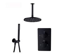Concealed Shower System Brass Faucet Thermostatic Mixer Set With Top Spray Rainfall Showerhead, Handheld, Matte Black, Ceiling Mounted,8Inch (12Inch)