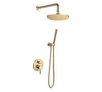 Concealed Wall Mounted Brushed Gold Faucet with 8-12" Round Brass Top Spray Rainfall Showerhead and Handheld Luxury Shower Set,10 inch