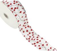 Concealed Wired Edge White Christmas Ribbon - 38mm - 1.5 inch - 2 Metre Cut Length - Snow Covered Red Winter Berries