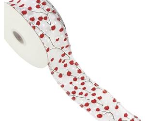 Concealed Wired Edge White Christmas Ribbon - 38mm - 1.5 inch - 2 Metre Cut Length - Snow Covered Red Winter Berries